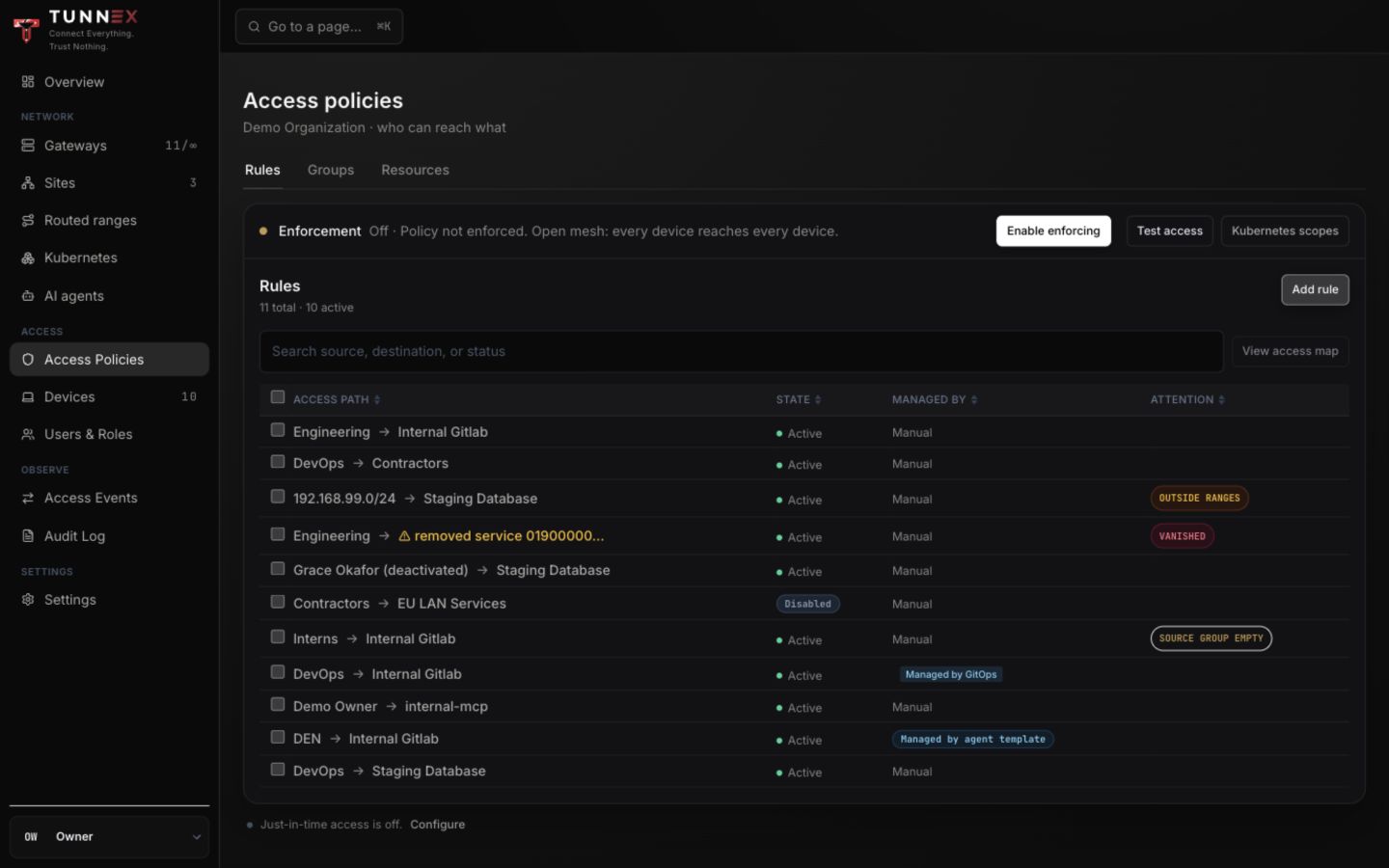 Rules inventory with enforcement off and attention states