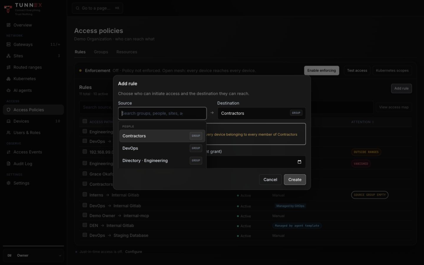 Add-rule source and destination picker with effect preview