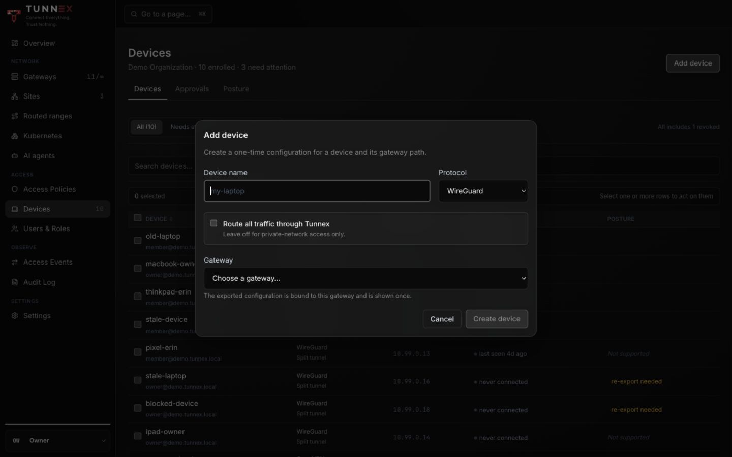 WireGuard device creation form