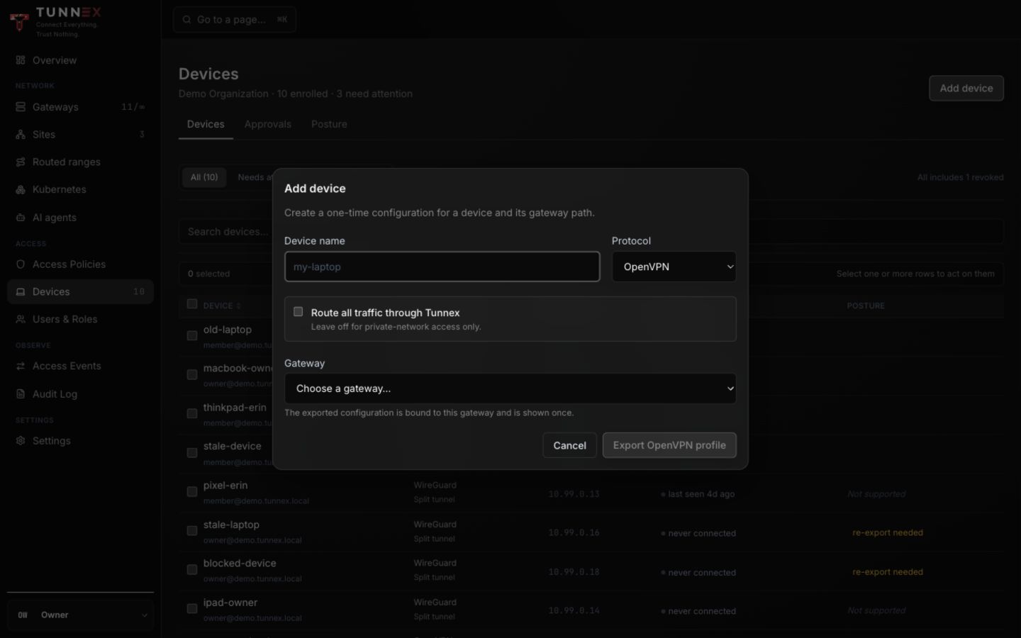 OpenVPN device export form