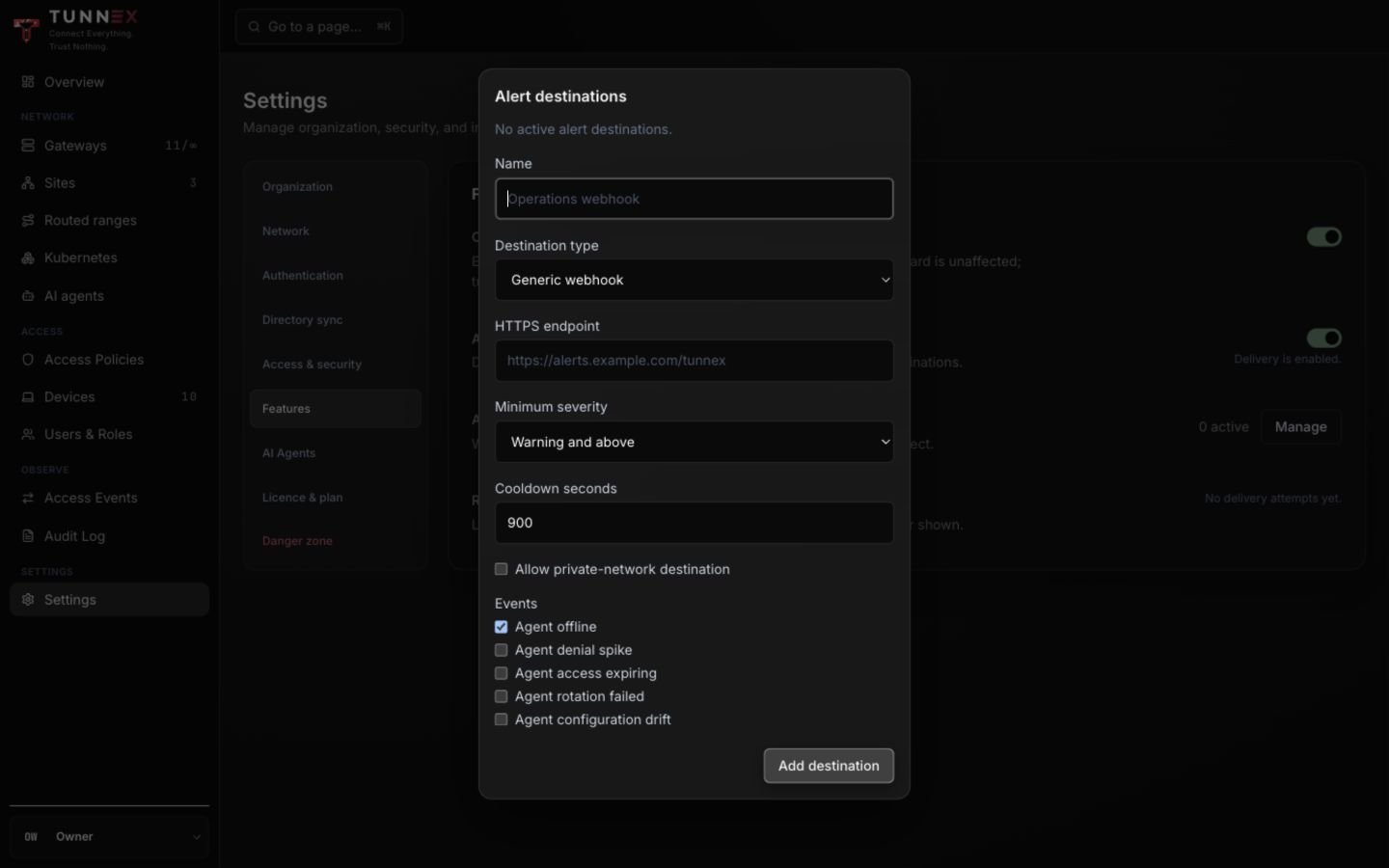 Alert destination form and event subscriptions