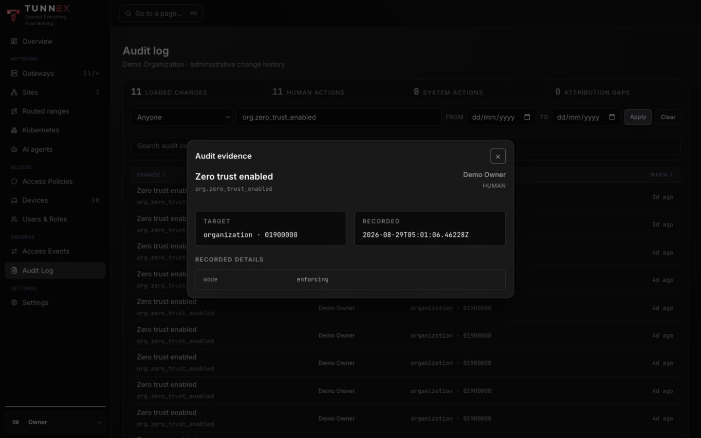 Audit evidence showing actor, target, time, and recorded details