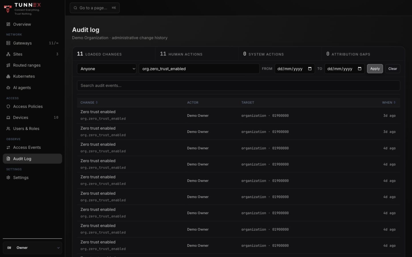 Audit log filtered to Zero Trust enable actions