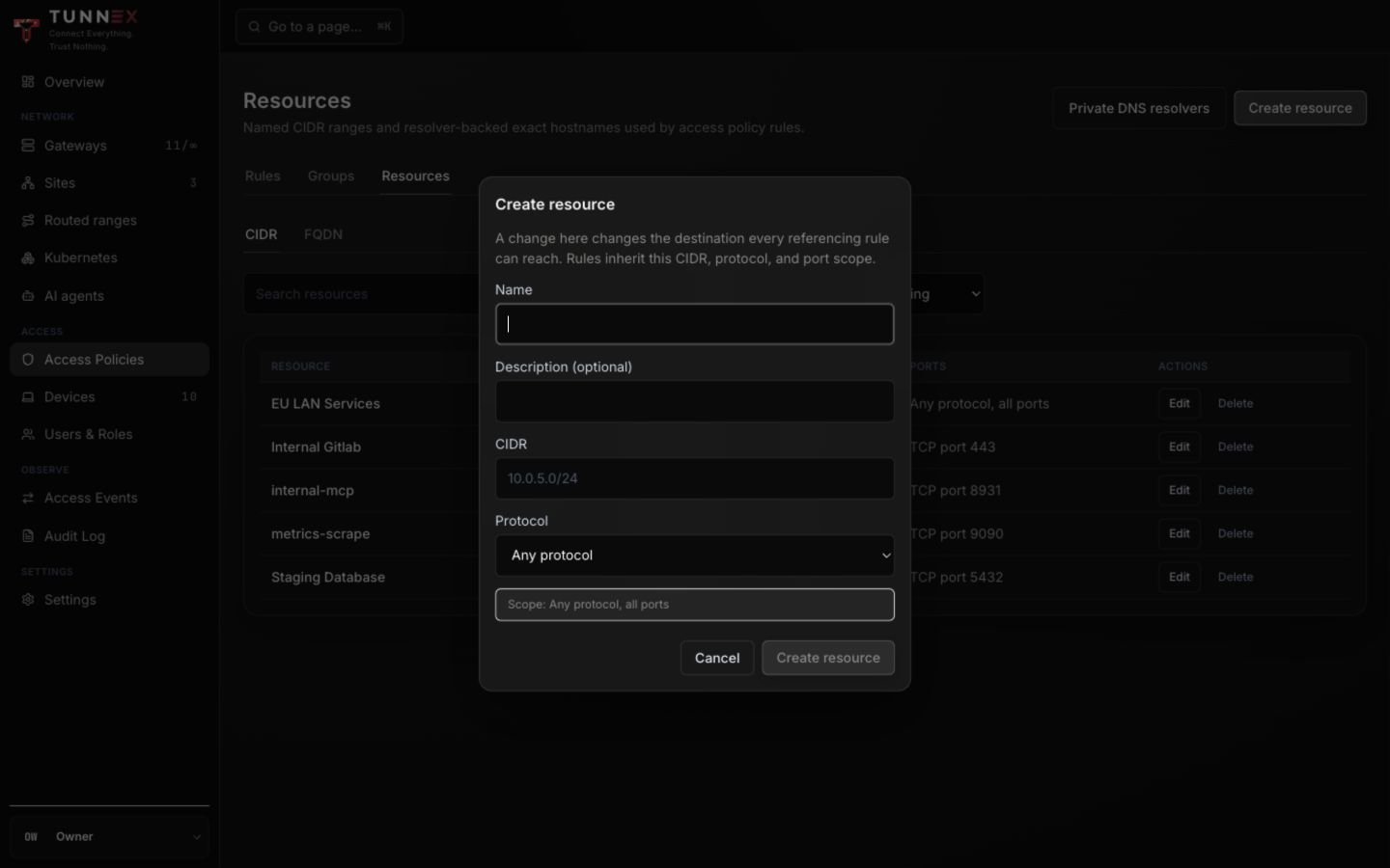 Create a CIDR resource with protocol scope