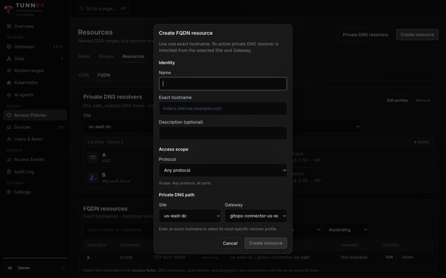 Create an exact-hostname FQDN resource