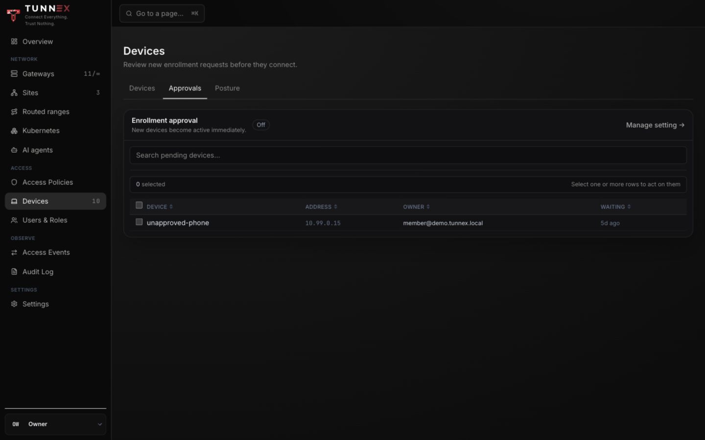 Pending device approval queue