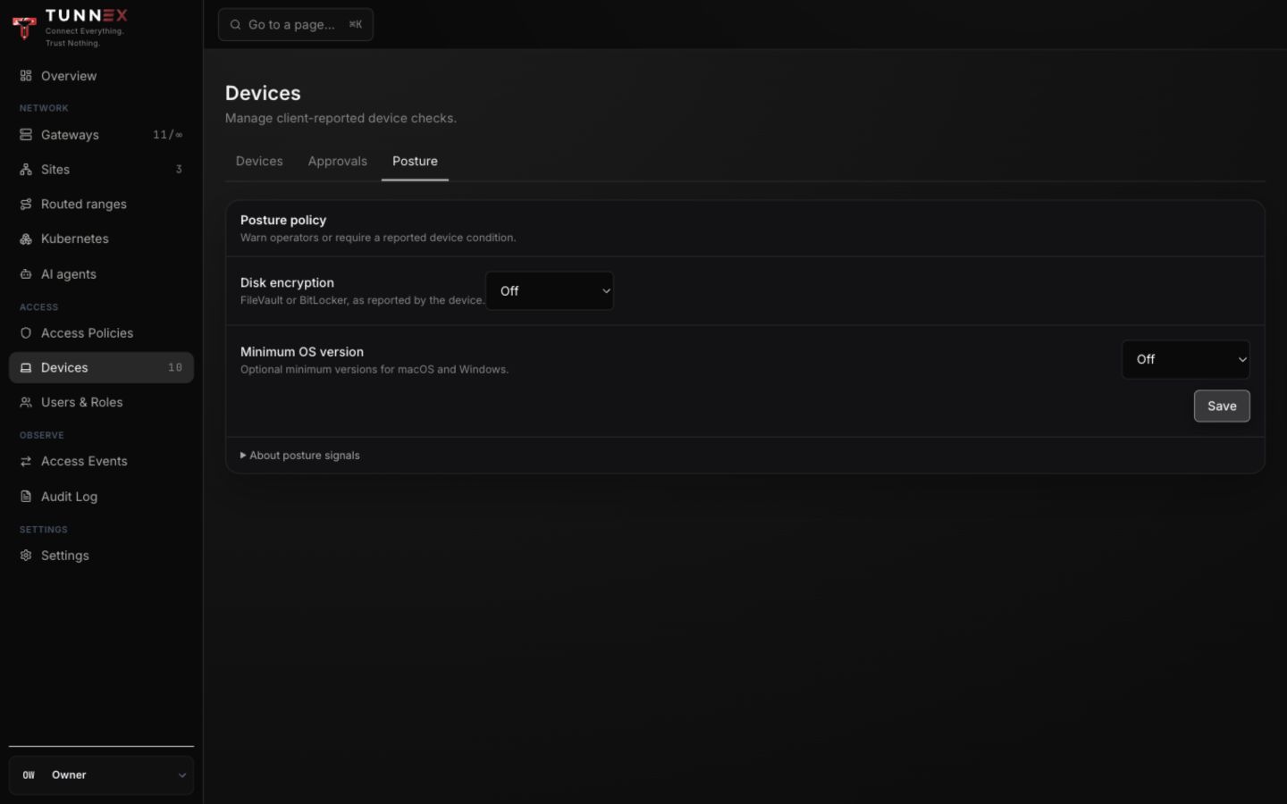 Device posture controls for disk encryption and minimum OS