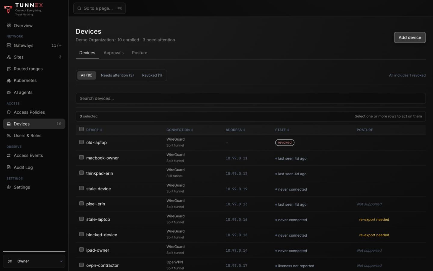 Device inventory showing modes and lifecycle states