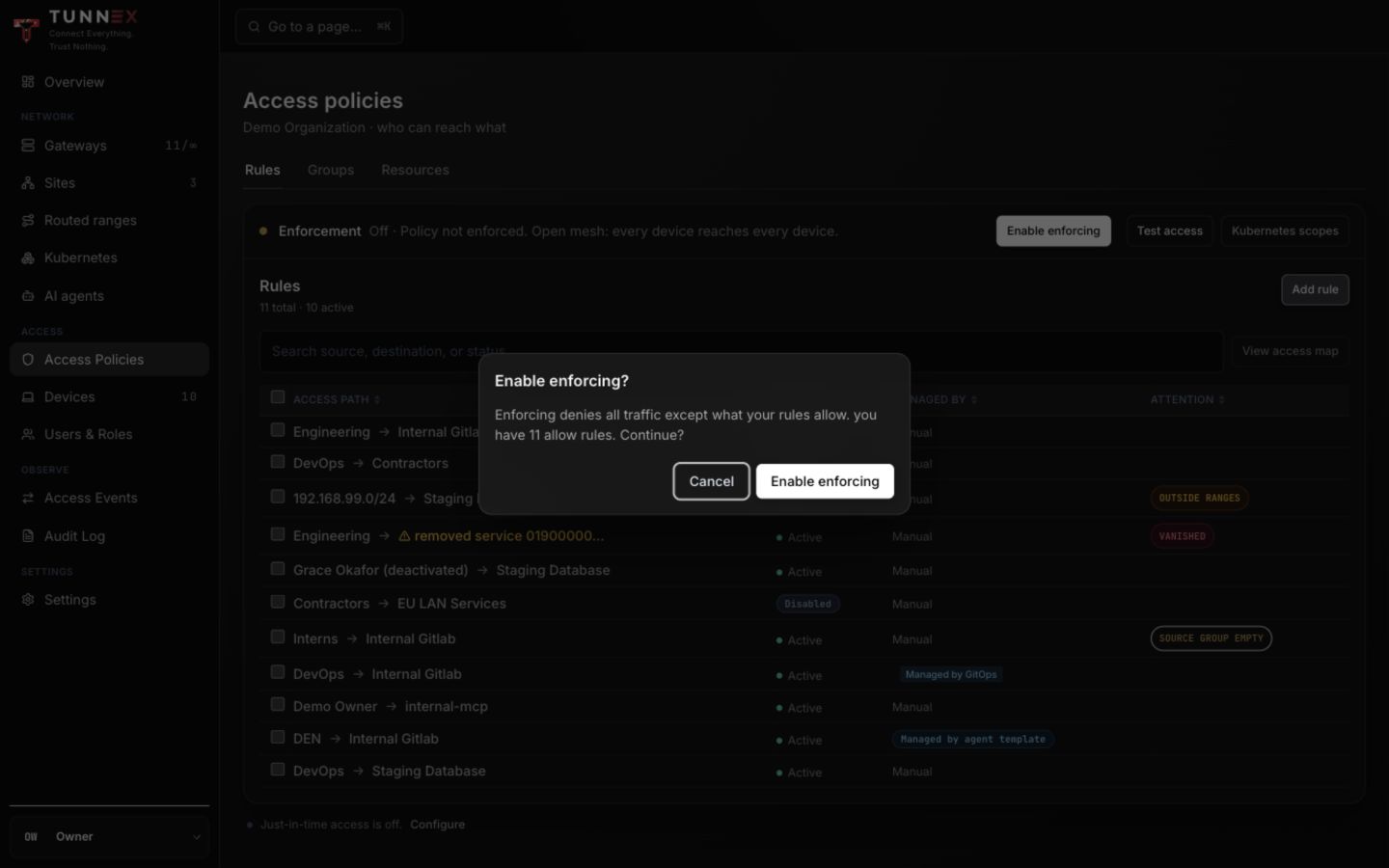 Default-deny enforcement confirmation