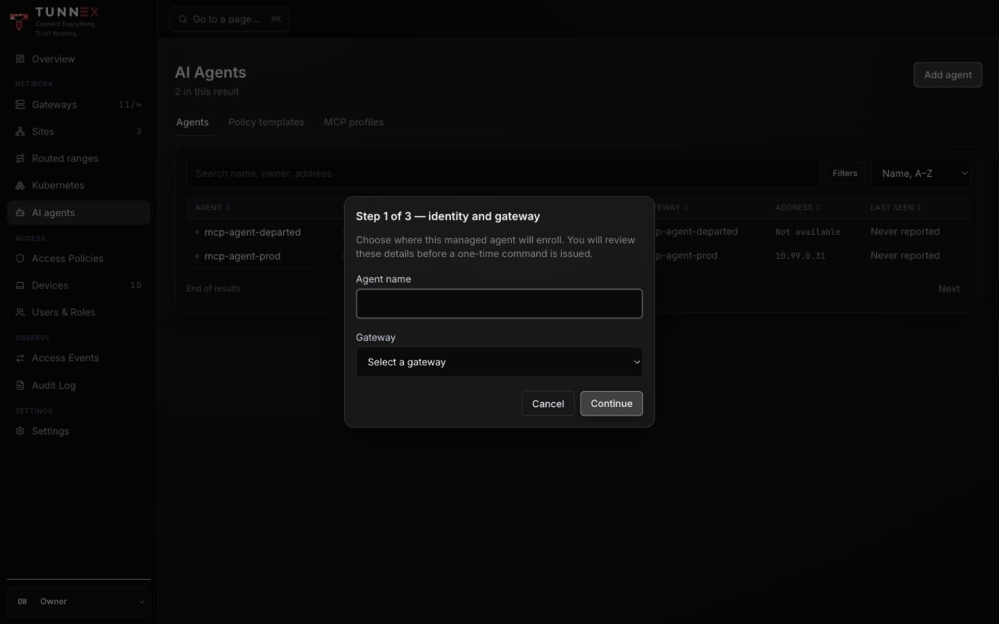 Agent name and gateway enrollment step