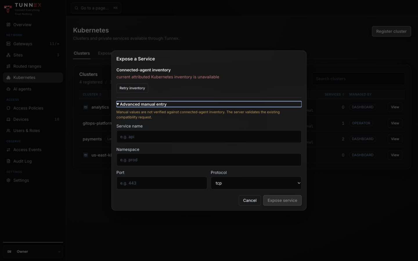 Manual Kubernetes Service exposure form