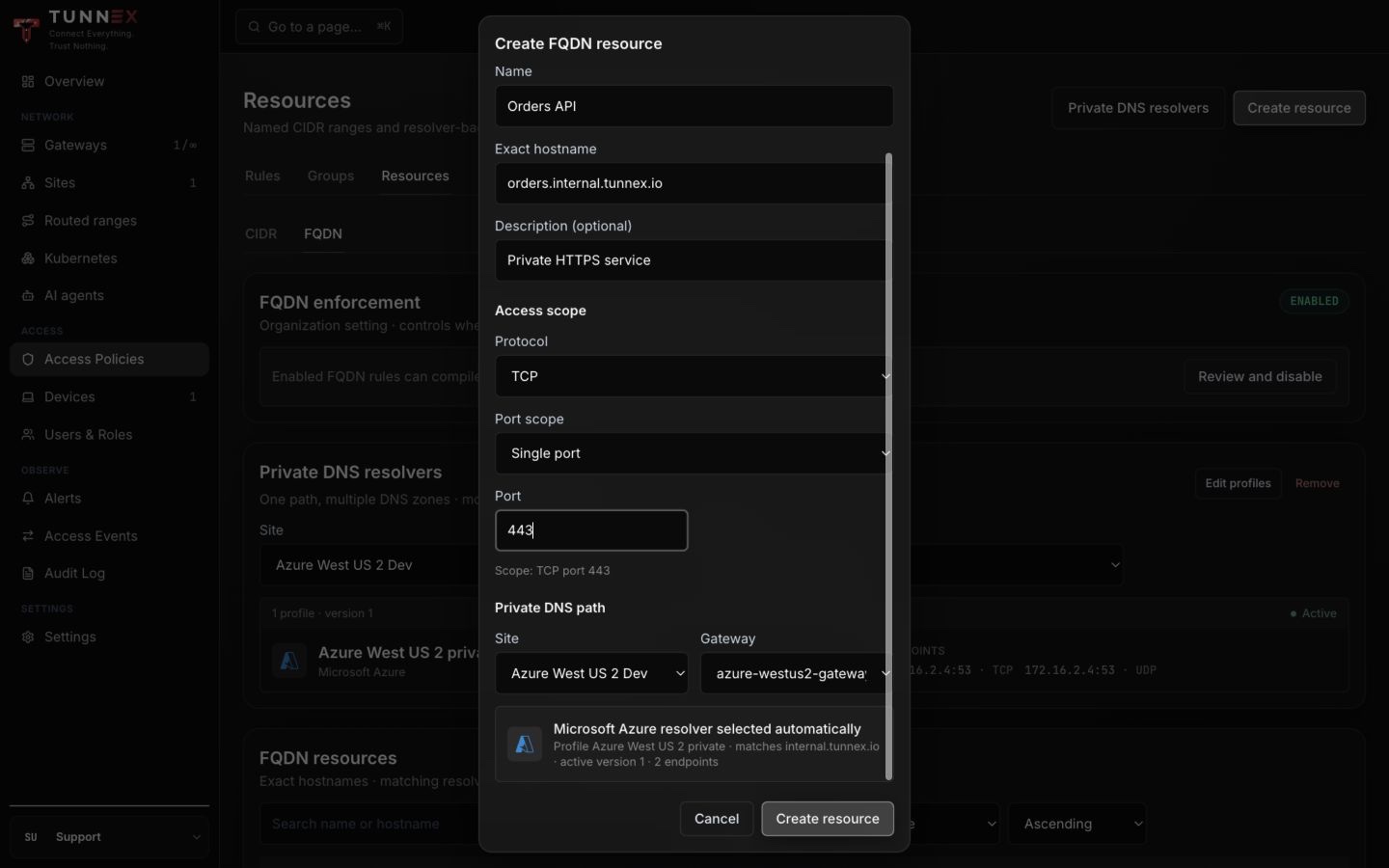 Exact-hostname FQDN resource form with resolver inheritance