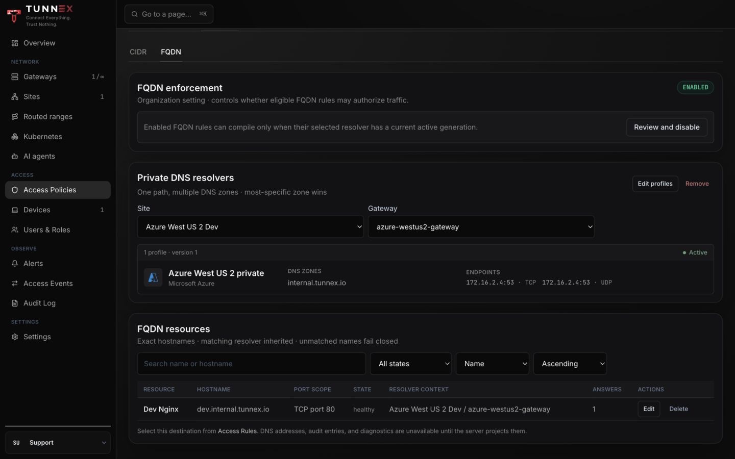 Enabled organization setting, active resolver, and healthy FQDN resource