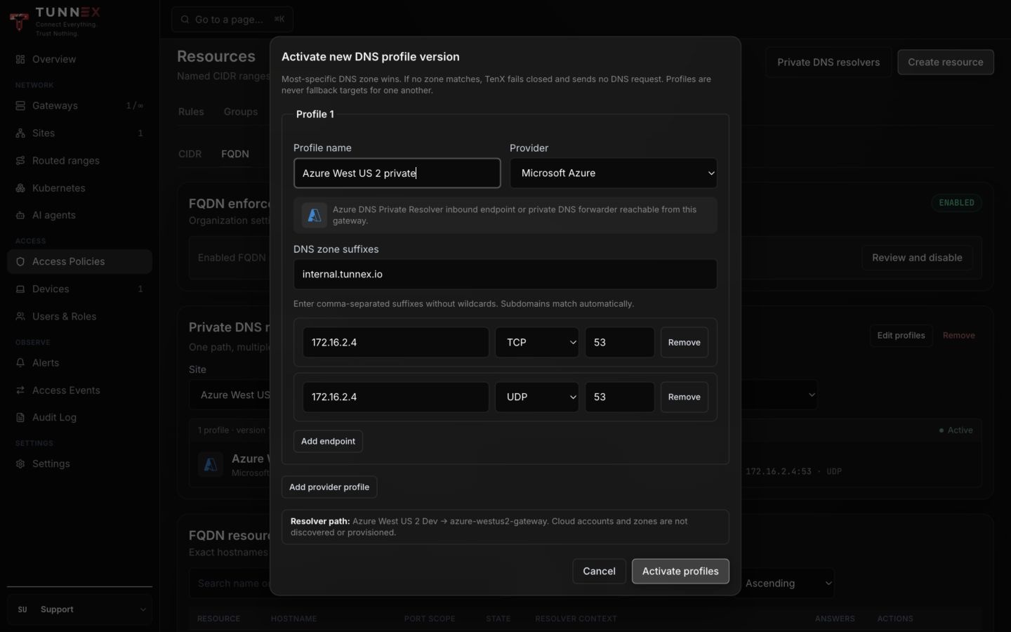 Private resolver profile editor with the verified Azure inbound endpoint
