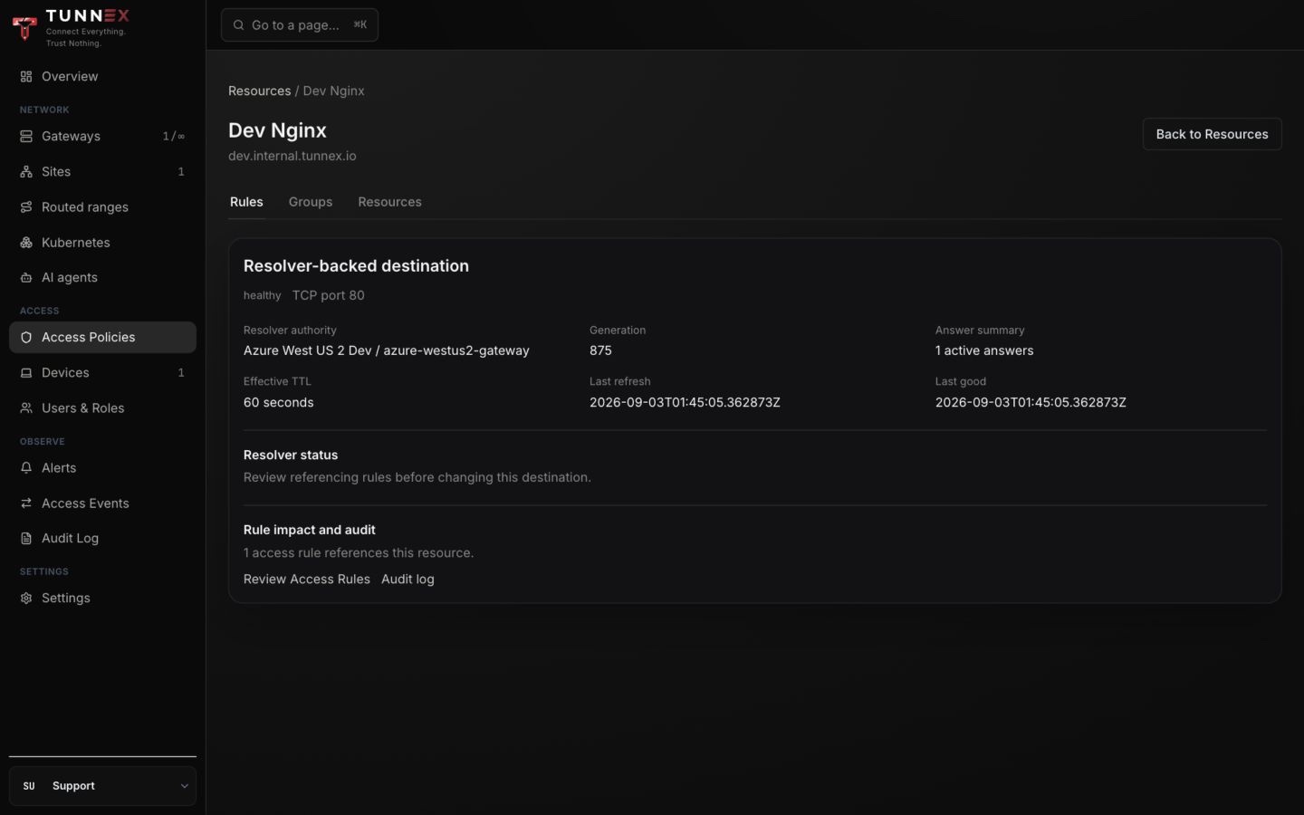 Healthy resolver-backed resource with generation, answer, and TTL evidence