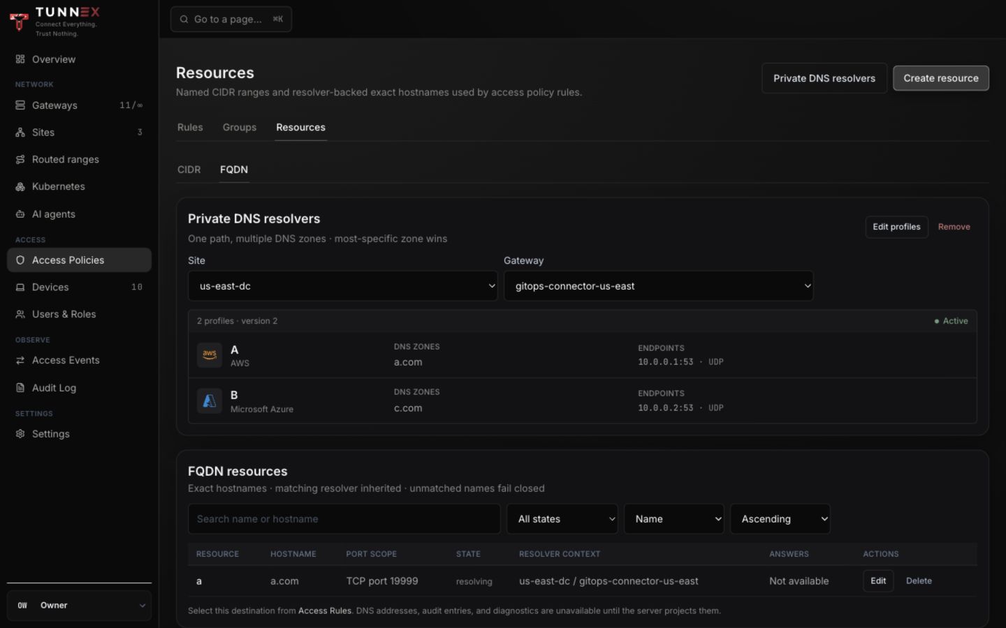 FQDN resources and active private resolver profiles