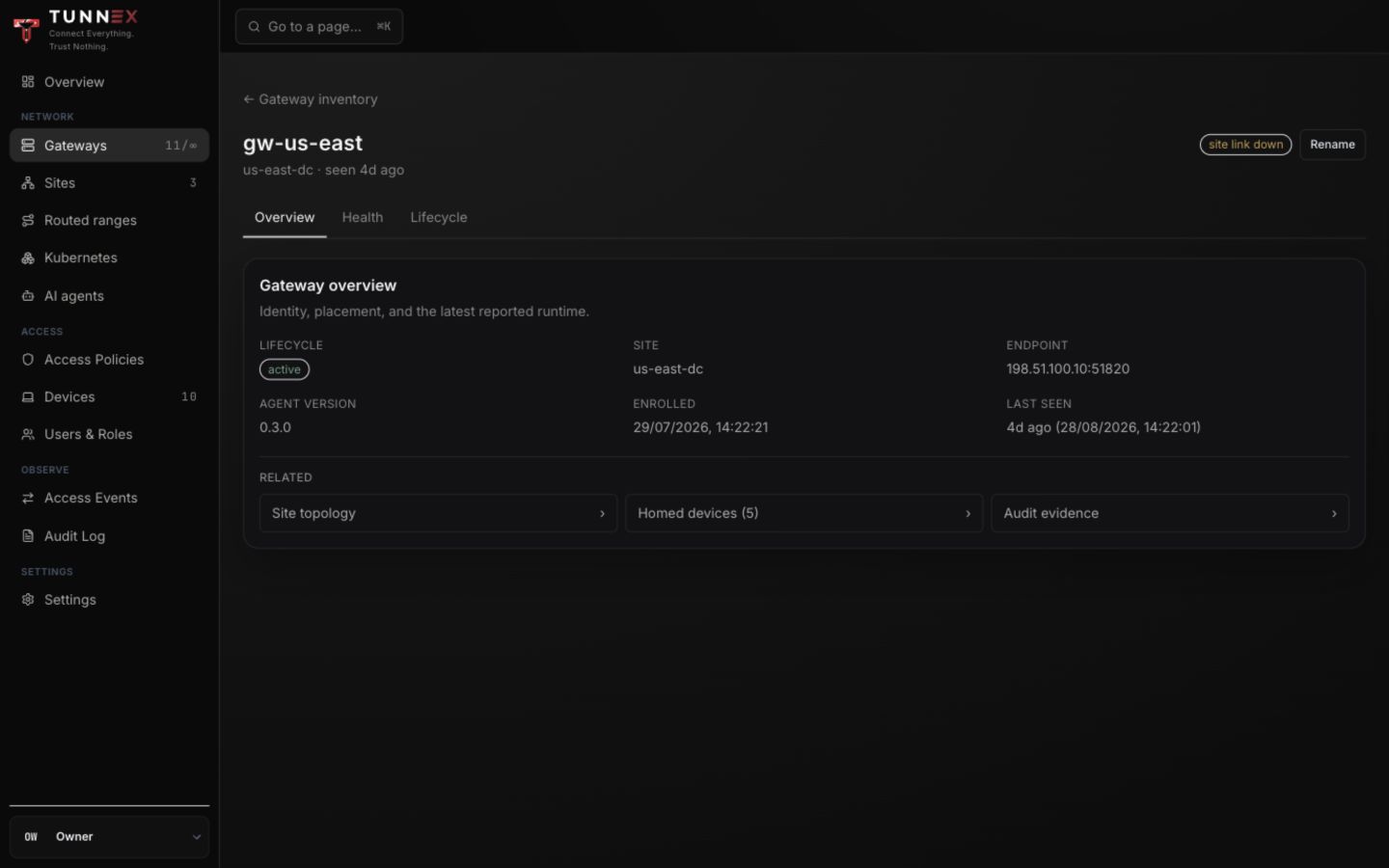 Gateway details with endpoint, version, and last-seen state