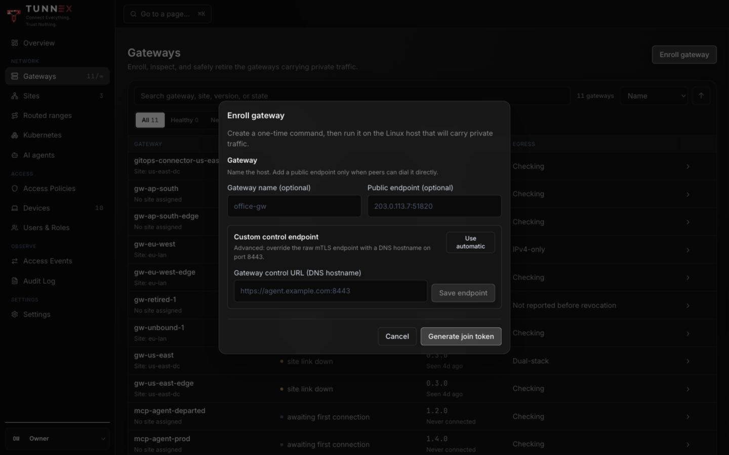 Advanced gateway control endpoint
