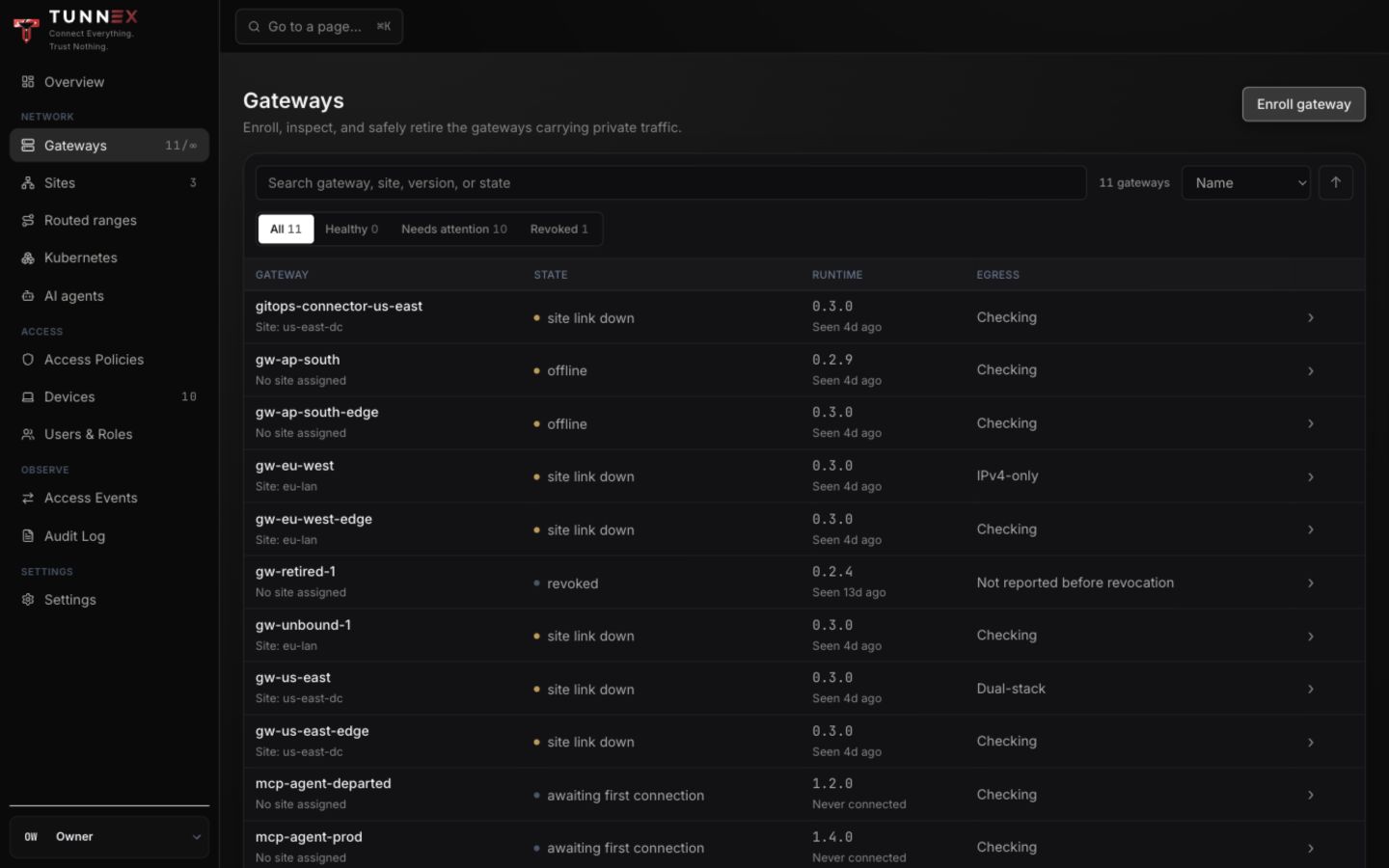 Gateway inventory with active, offline, and revoked fixtures