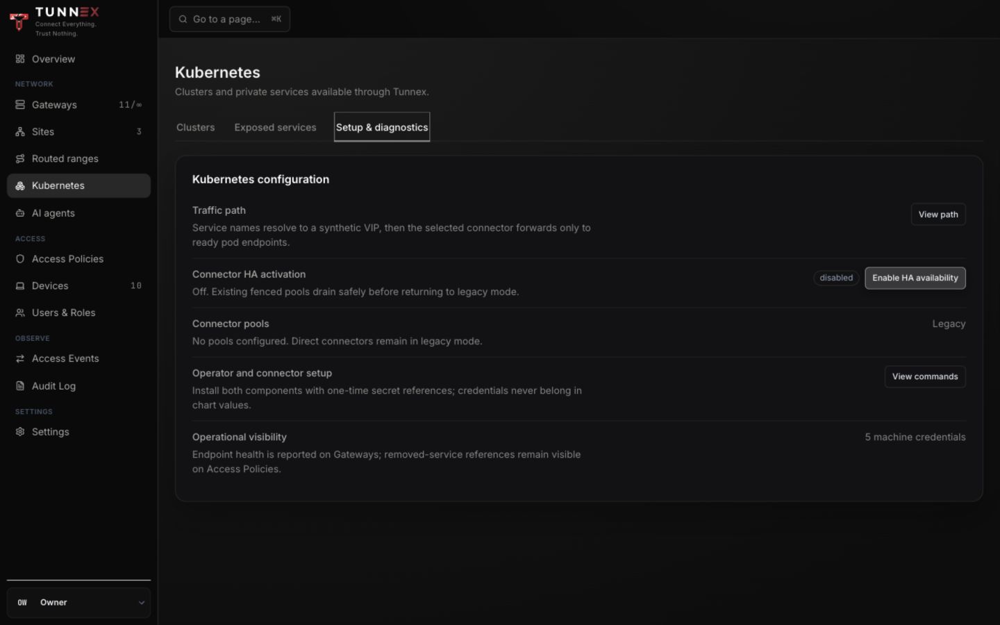 Kubernetes setup and diagnostics
