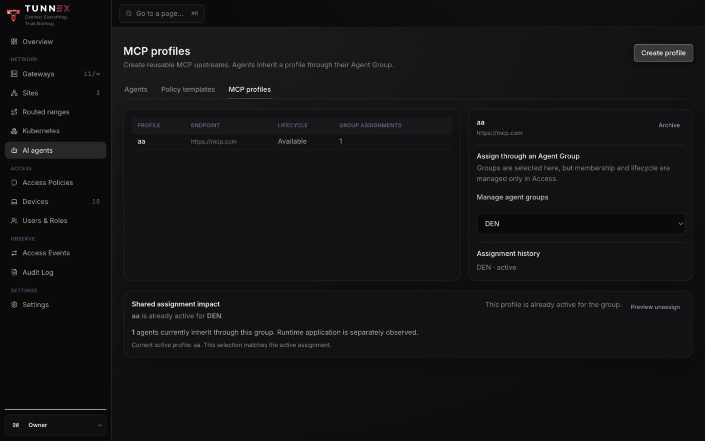 MCP profile inventory and shared assignment impact