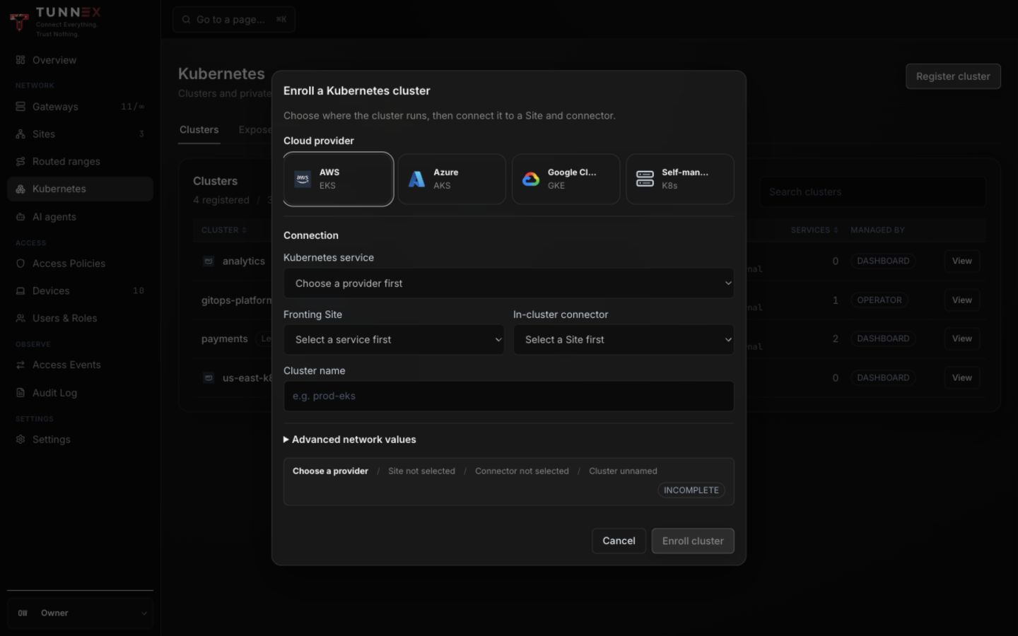 Kubernetes cluster provider and connection flow