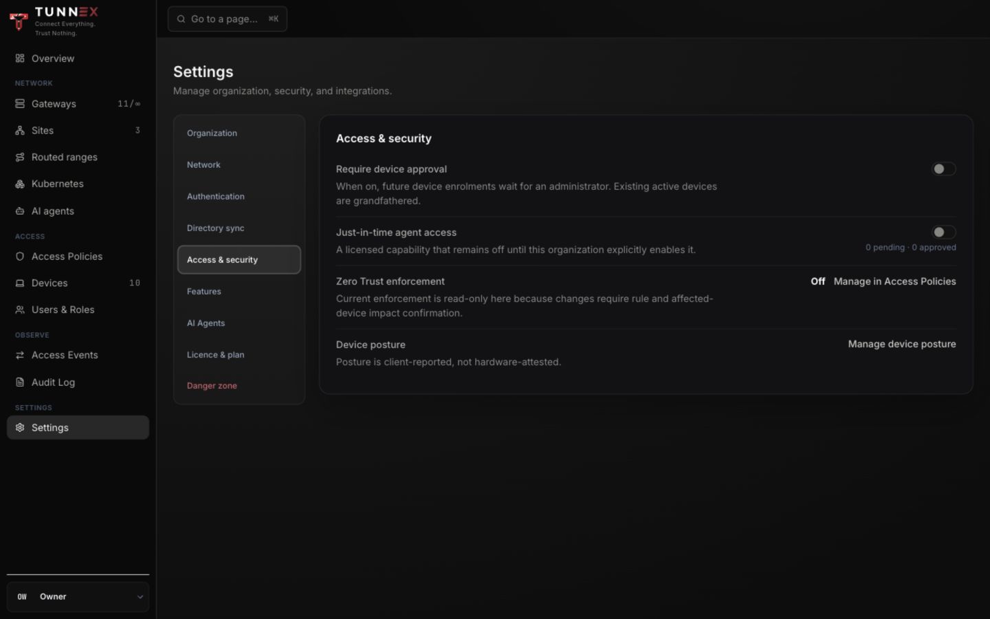 Access and security organization settings