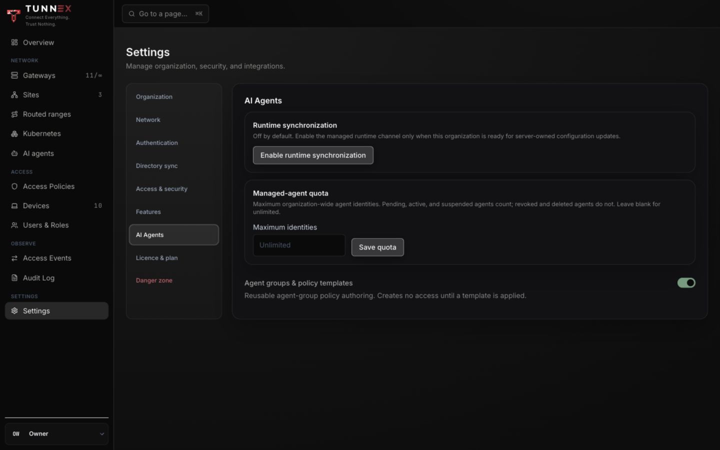 AI-agent organization settings