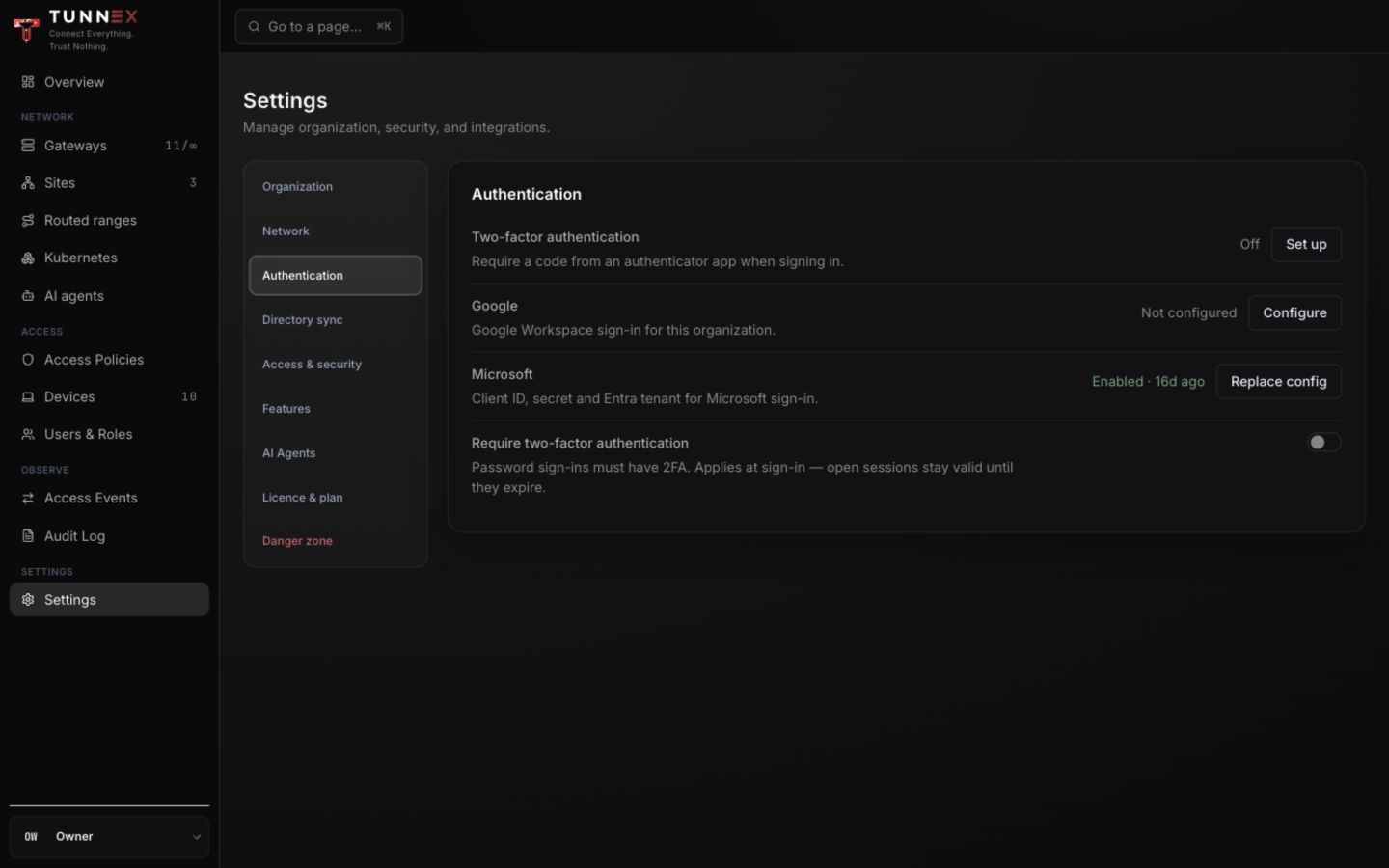 Authentication settings with personal and organization MFA controls