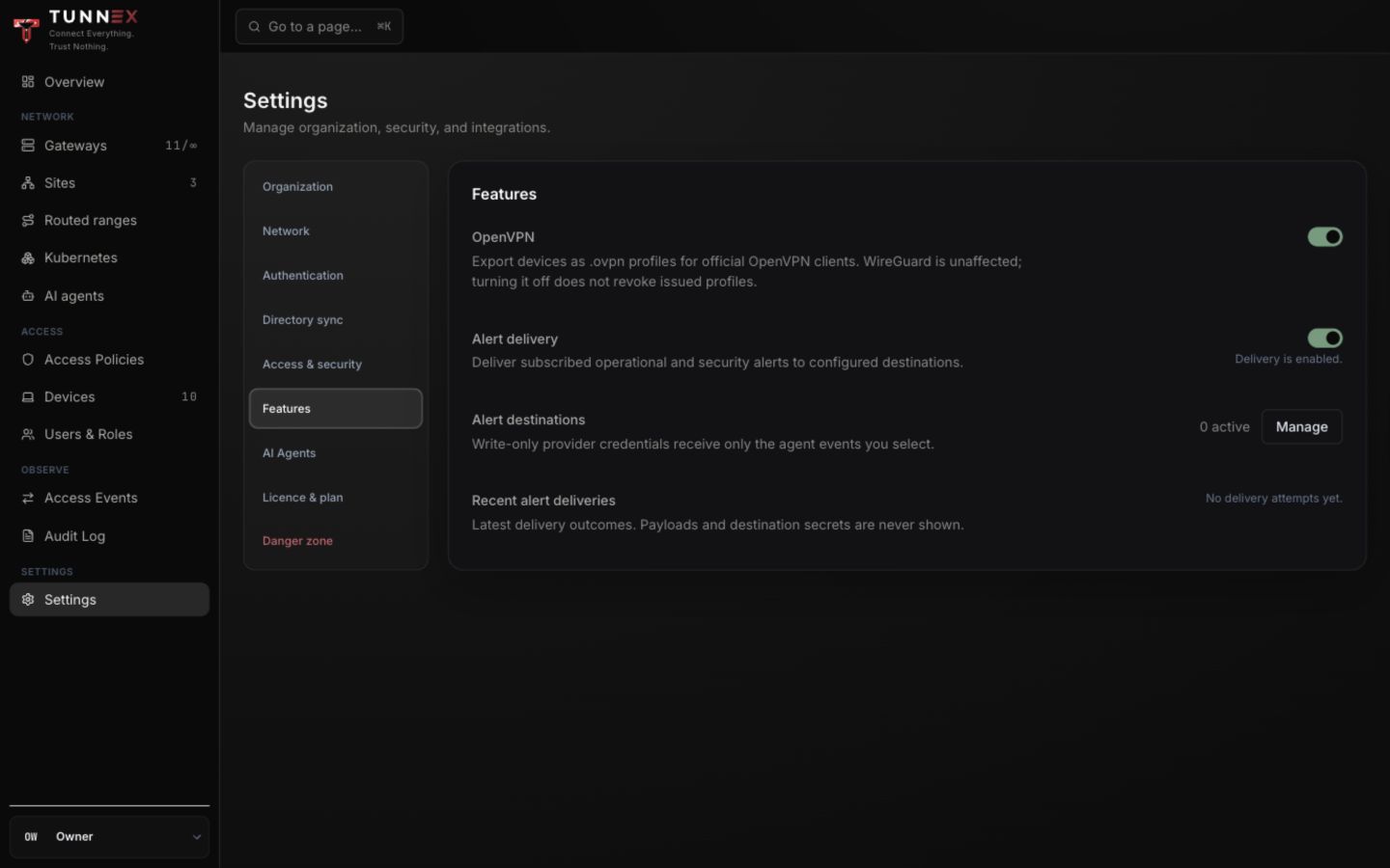Feature and alert-delivery settings