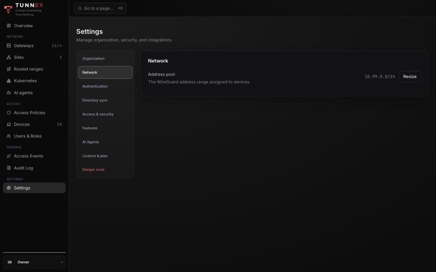 Organization network settings and address pool