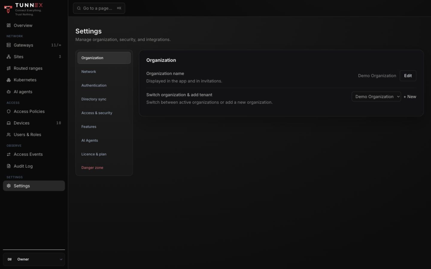 Organization settings and tenant switcher