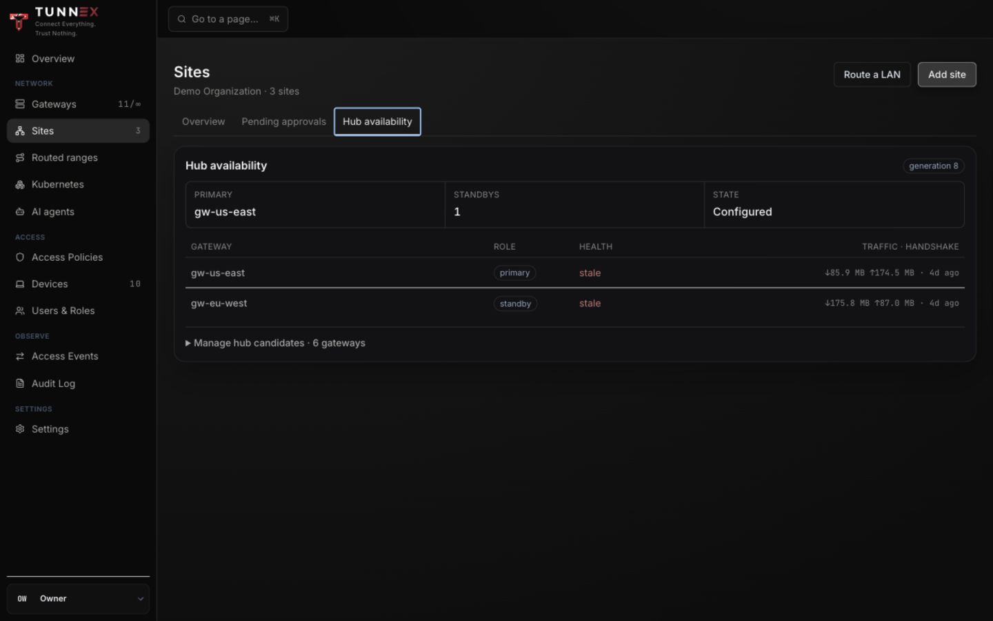 Primary and standby gateway availability