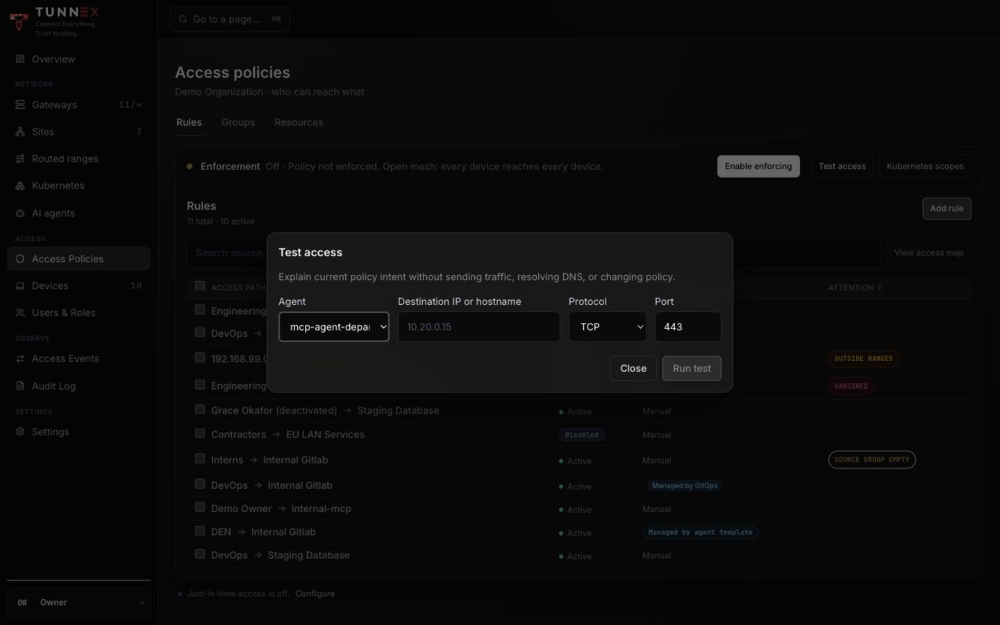 Policy test form for source agent, destination, protocol, and port