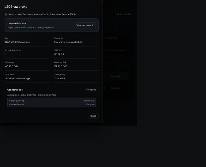 Live cluster network state showing active pool DNS VIP and synthetic Service range