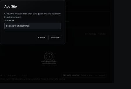 Live Add Site dialog with Engineering Kubernetes entered