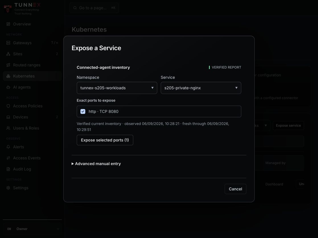 Live Expose service form selecting the private Nginx Service and TCP 8080
