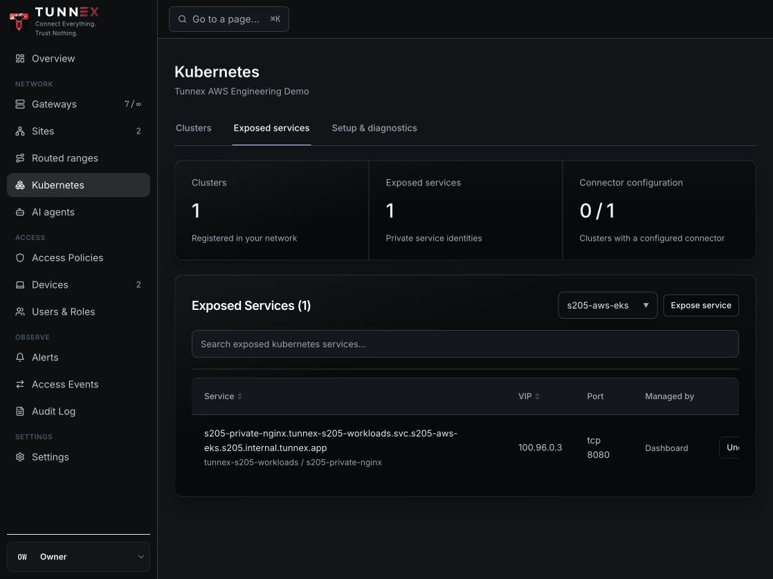 Live exposed Nginx Service row showing its synthetic VIP FQDN and TCP port