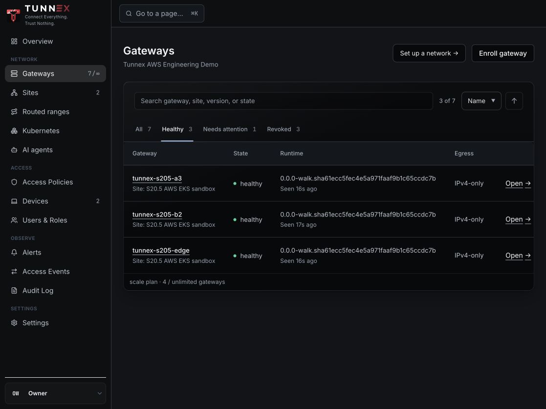 Live gateway inventory filtered to three healthy sandbox gateways