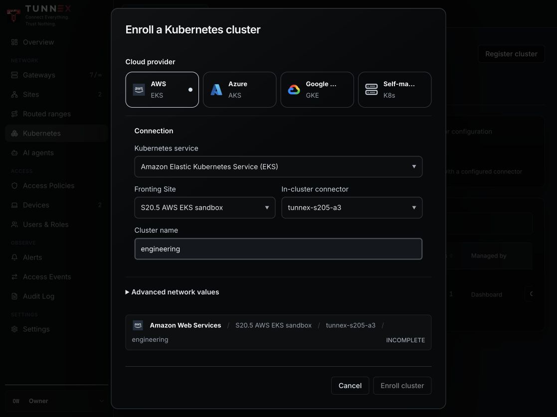Unsaved AWS EKS registration form with site and connector selected