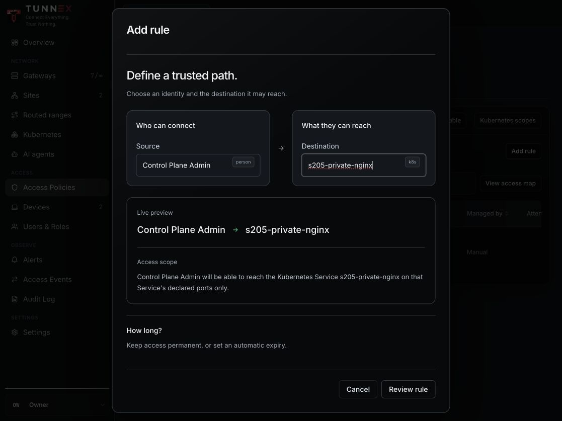 Unsaved access rule targeting only the exposed Kubernetes Nginx Service
