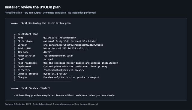 Captured real installer dry-run output showing external PostgreSQL and the no-change review plan