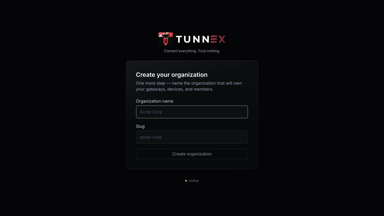Live first-time organization creation screen
